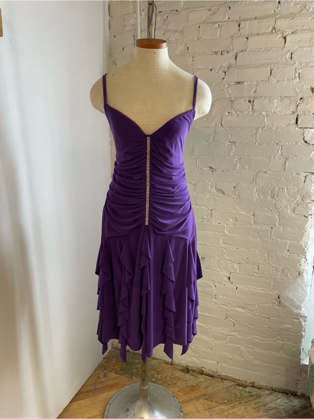 Vintage Purple Party Dress with Rhinestone Detail/Draped Ruffle Hem/Scarf